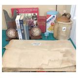 property owner map, crock, books, cracker tin,