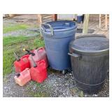 2 trash cans, 5 gas cans