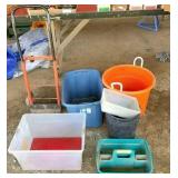 group of plastic totes & 2-wheel dolly