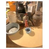 Assortment milk jugs, crockery, barrells, &
