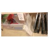 Contents under table: plastic ware & DVD tower