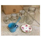 Vintage jars, granite, spoon & saucers