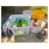 air mattress, cleaning supplies, buckets