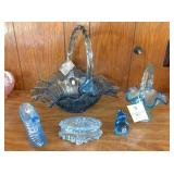 2) Fenton Blue Baskets, Powder Dish, Cat &