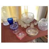 Crystal punch bowl, cups & misc. glassware