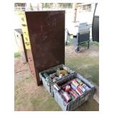 file cabinet & 2 totes vintage tin cans