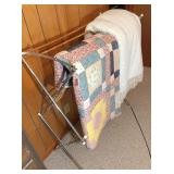 drying rack, hand sewn quilt & chenille bedspread