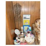 vintage metal dress form, yarn, basket of doillies