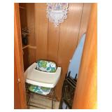 vintage high chair, TV trays, ironing board &
