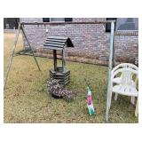 swing frame, wishing well, 2-plastic chairs,