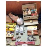 wood tool box, gun items, belt buckles & misc.