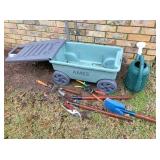 Lawn buggy, garden tools & water can