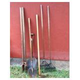 leaf rakes, shovels & post hole digger