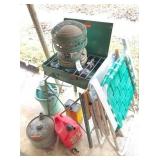 Coleman stove, heater, gas cans & ice cream