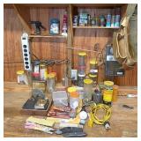 vintage Motorola radio, leather work tools, nails