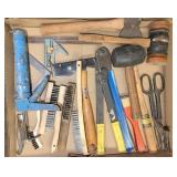 box of wire brushes, hatchets & squares