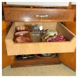 kitchen towels, misc. kitchen items in 2-drawers &