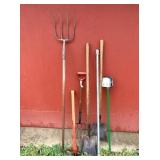 pitchfork, sledge hammer, shovels, rake, fork &