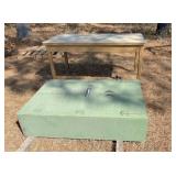 metal frame table, wood storage cabinet & contents