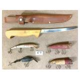 filet knife & 4 vintage fishing lures