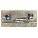 bar w 2 ea:15,10,&8 lb wts,xtra bar,2 dumbell bars