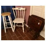 white chair, stool & 3 wooden TV tray tables