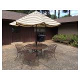 48" iron patio table, 4 barrel chairs, umbrella