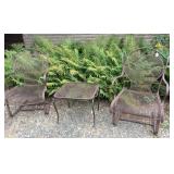 2 iron spring base chairs & 1 side table