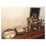 group: silver serving pcs. brass decor & picture