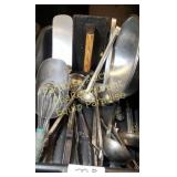 BIN of UTENSILS, spat, whisk lqdle tongs