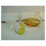 Two Art Glass Swans and White Dish