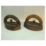 Two Nice Round Wood Handled Sad Irons