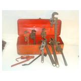 Red Tool Box with Adjustable and Pipe Wrenches