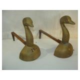 Two Large Andiron Brass Geese