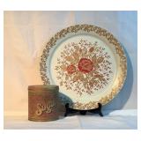 19" Decorative Tin platter & 7" Tin sugar canister 19" Decorative Tin platter & 7" Tin sugar canister
