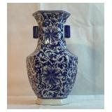 14" blue and white flowered ceramic vase