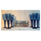 8" blue glass goblets and wine charms (set of 6)