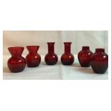 4" set of 6 red vases various sizes and shapes