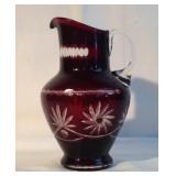 10" Ruby Red Cut To Clear Glass Pitcher