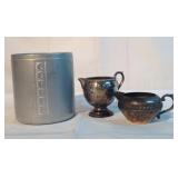 Silver plated sugar & creamer set & coffee can