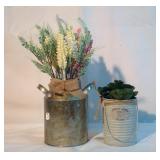 Pair of tin vases with artificial flowers