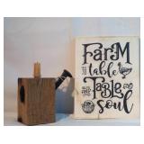 Farm to Table wooden sign & wood block Candlestick