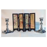 7" Oriental Screen & 5" candlesticks