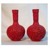 Pair of 10" Red Etched Decorative Vases