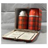 Vintage Plaid Metal Lunch Box W 2 Thermos