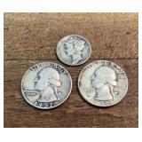 3 US Silver Coins Mercury Dime Quarters