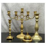 3 brass candle sticks, and General store Bell
