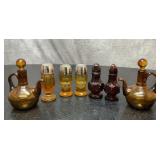 2 blown glass cruets, 5 amber ruby S&P