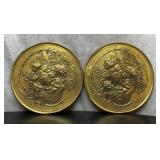 2 BRASS EMBOSSED WALL PLAQUES ROSE BASKETS  11''