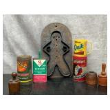 Antique cookie cutter, butter, moles, tins